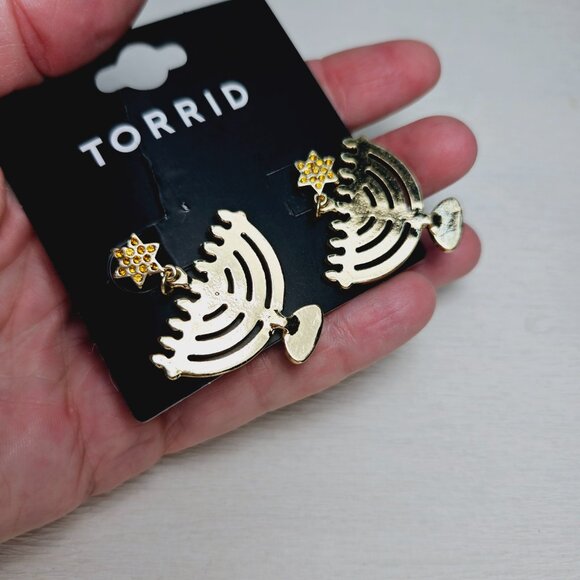 Torrid Hanukkah Menorah Earrings Pierced Blue w/ rhinestone - Picture 5 of 5